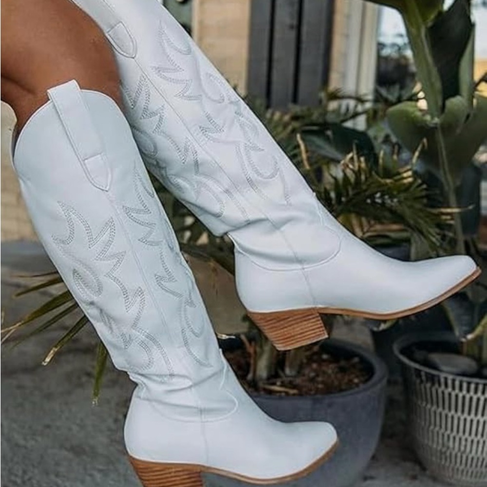 White Western Knee-High Boots